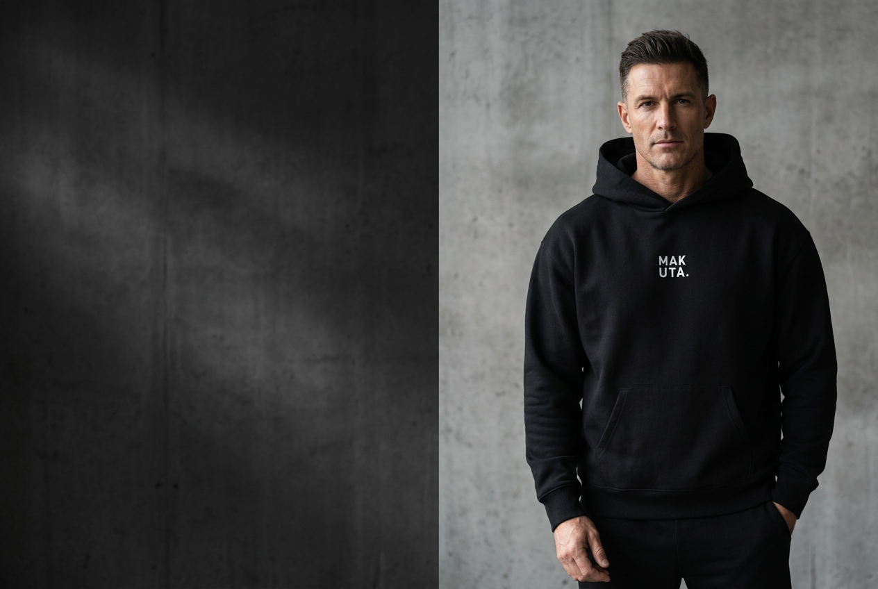 Model wearing the black Makuta heavyweight hoodie