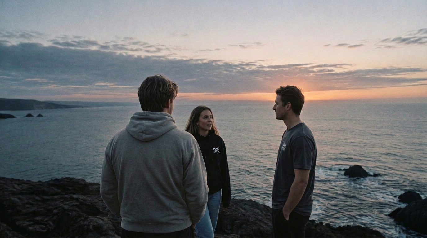 Friends wearing Makuta clothing by the coast at sunset, with the hoodie hood down